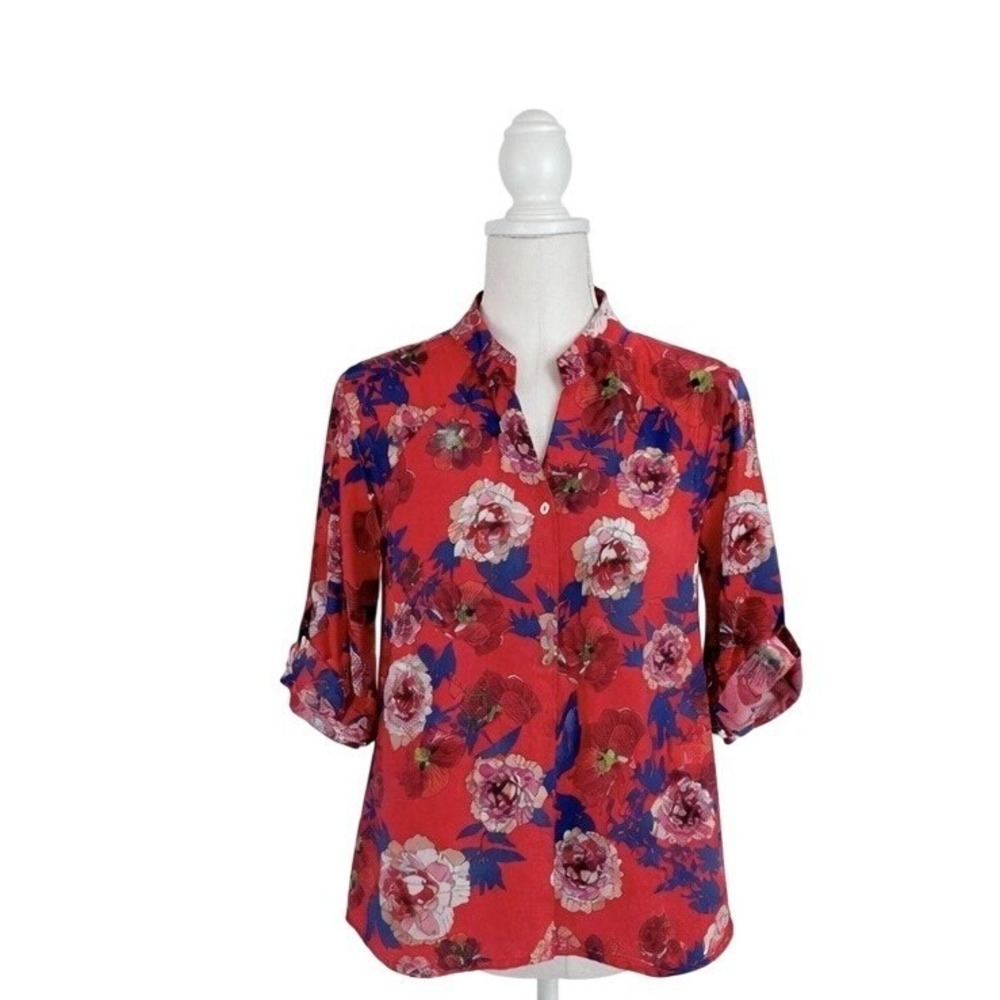 Grand &‎ Greene Women's 3/4 Sleeve Red Floral V-Neck Blouse Size L